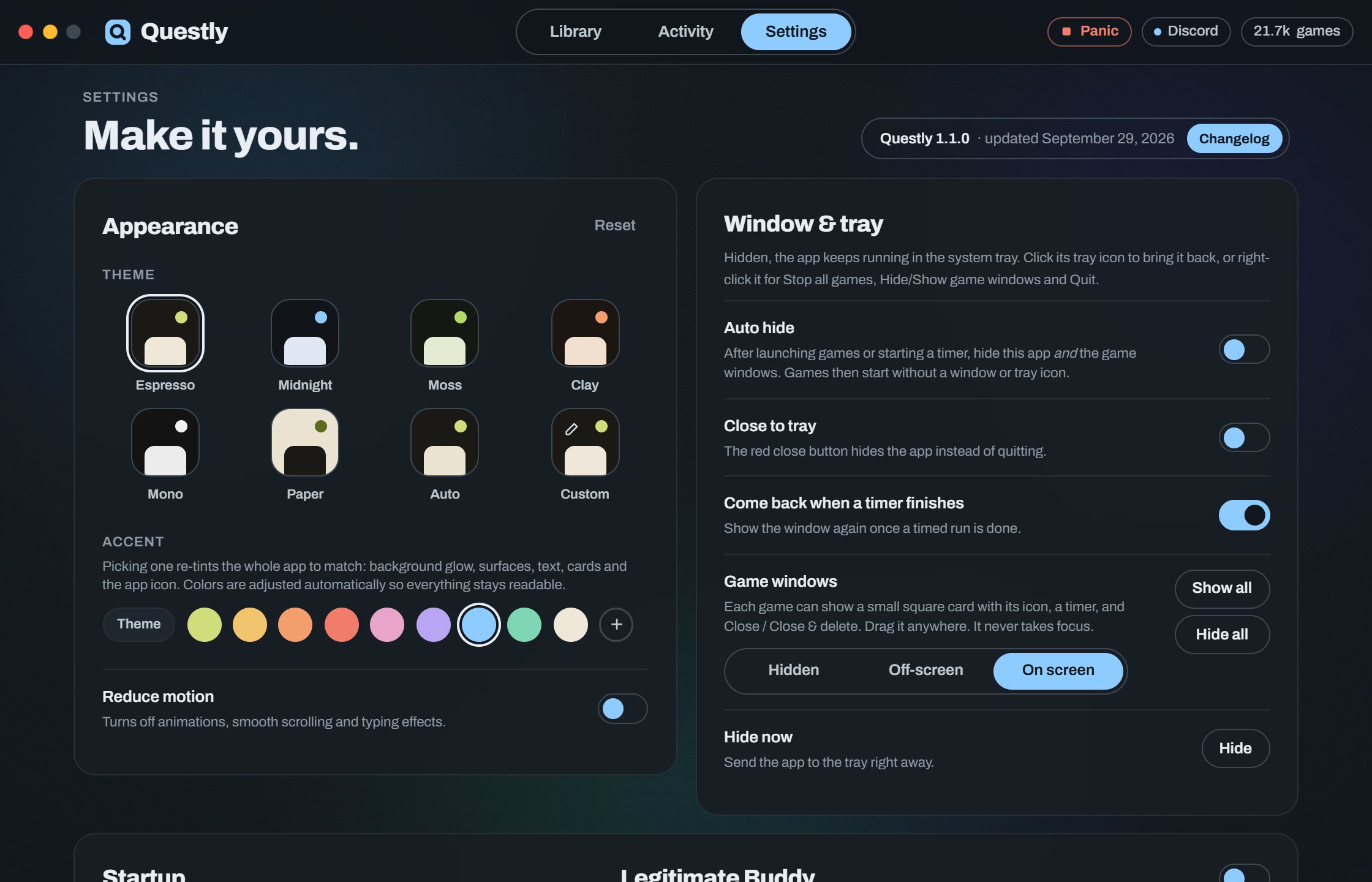 Settings with a blue accent re-tinting the whole app